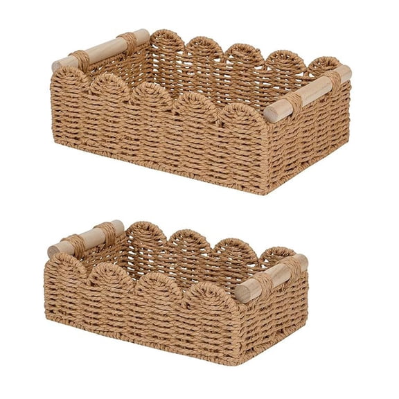 Yucurem 2-Pack Scalloped Edge Decorative Baskets for Home, Wicker Storage Basket with 2 Wooden Handle, Aesthetic Storage Organizer Basket for Bathroom Decor (Brown)