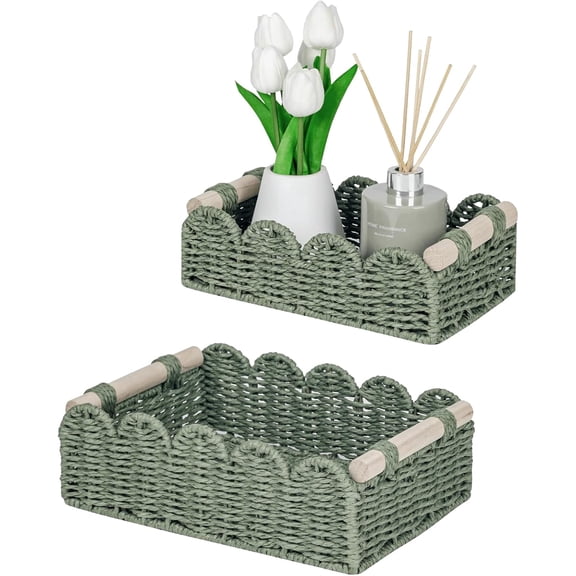 Yucurem 2-Pack Scalloped Edge Decorative Baskets for Home, Wicker Storage Basket with 2 Wooden Handle, Aesthetic Storage Organizer Basket for Bathroom Decor (Green)