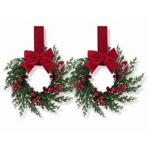 Yucurem 2 Pieces Christmas Mini Wreaths for Cabinet Kitchen, 11.8 Inch Hanging Small Christmas Wreaths with Red Bows & Berry for Indoor Outdoor Window Door Wall Decor