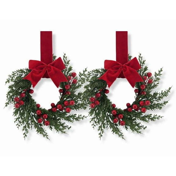 Yucurem 2 Pieces Christmas Mini Wreaths for Cabinet Kitchen, 11.8 Inch Hanging Small Christmas Wreaths with Red Bows & Berry for Indoor Outdoor Window Door Wall Decor