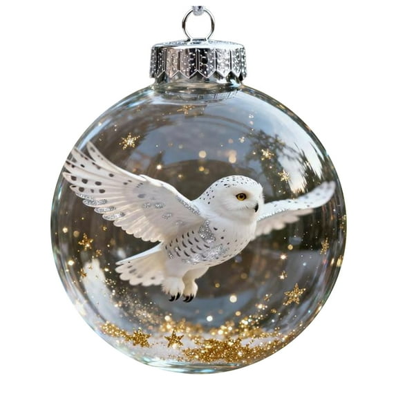 Yucurem 2026 Wildlife Wonders Collection Crystal Glass Ornament, Vivid 3D Animal Christmas Decoration, Clear Plastic Xmas Balls, Luxury Winter Tree Decor (Snowy Owl)