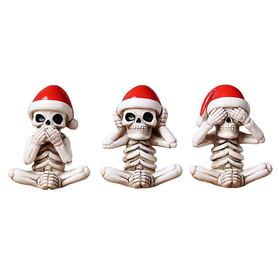 Yucurem 3 Pack Halloween Hear See Speak No Evil Skeletons, Resin Craft Skull Figurines with Santa Hat for Halloween Christmas Home Party Favors Shelf Decor