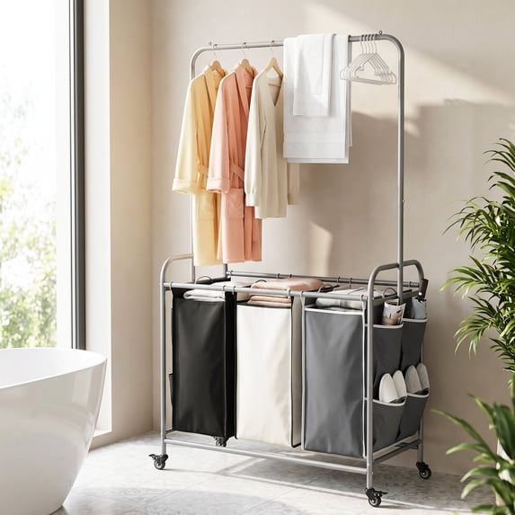 Yucurem Rolling Laundry Basket with Hanging Bar, 150L 3-Section Heavy-Duty Laundry Hamper Cart, with Lockable Wheels & Removable Bags