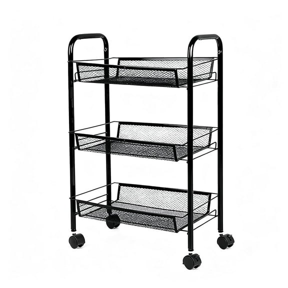 Yucurem 3-Tier Metal Rolling Storage Cart Shelves, Utility Cart Organizer Cart with 4 Hook & 2 Hanging Buckets, Movable Storage Organizer for Kitchen, Office & Home (Black)