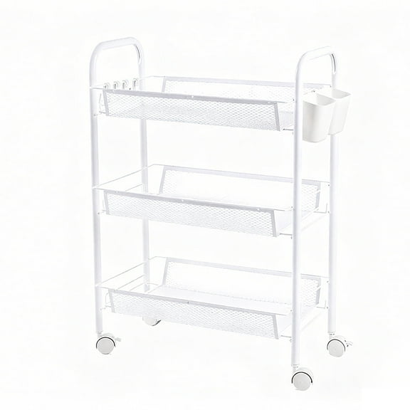 Yucurem 3-Tier Metal Rolling Storage Cart Shelves, Utility Cart Organizer Cart with 4 Hook & 2 Hanging Buckets, Movable Storage Organizer for Kitchen, Office & Home (White)