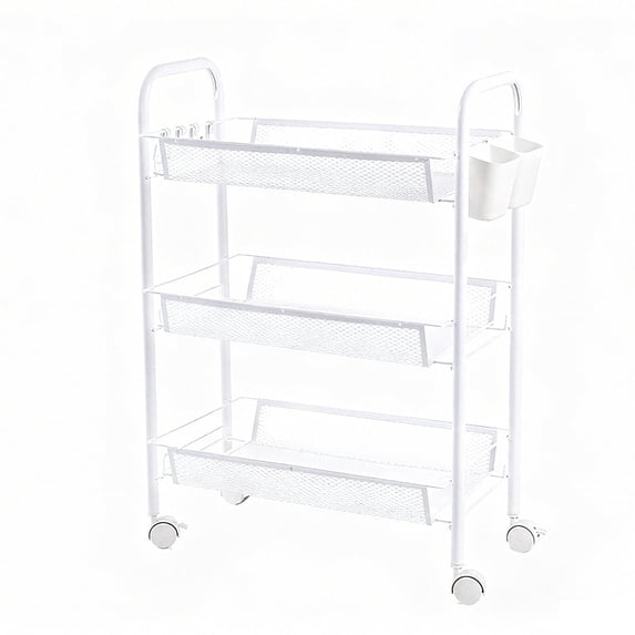 Yucurem 3-Tier Metal Rolling Storage Cart Shelves, Utility Cart Organizer Cart with 4 Hook & 2 Hanging Buckets, Movable Storage Organizer for Kitchen, Office & Home (White)