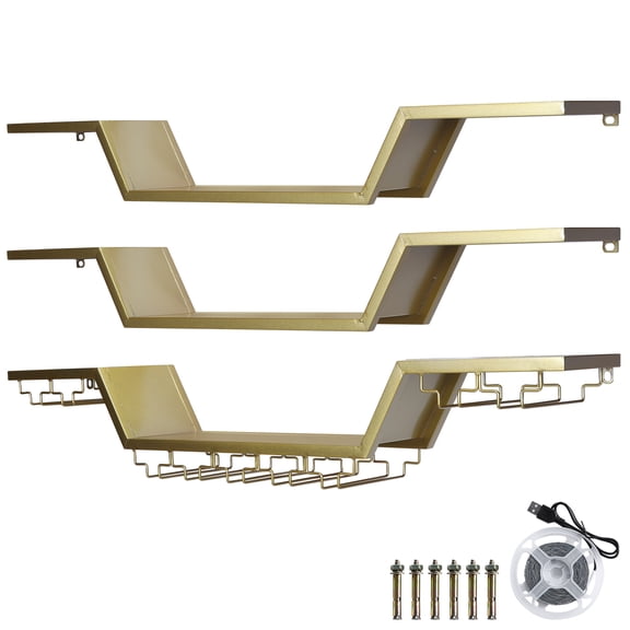 Yucurem 3-Tier Wall Mounted Wine Rack with LED Lights, 47.2" Metal Floating Bar Shelves with Upside-Down Glass Holder, Large Liquor Bottle Display Storage Shelf for Home Bar Dining Room Cafe Decor