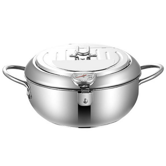 Yucurem 304 Stainless Steel Deep Frying Pot with Thermometer Oil Drip Drainer Rack Kitchen Supplies (A)