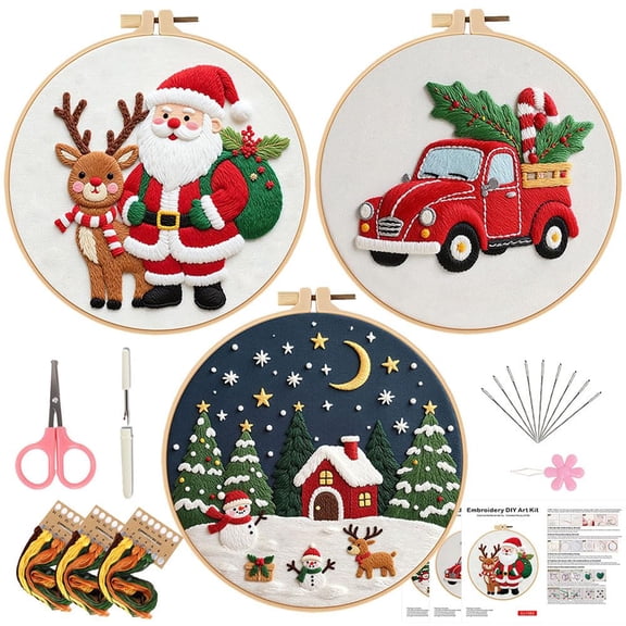 Yucurem 3PCS Christmas DIY Embroidery Starter Kit for Adults & Beginners, DIY Needlepoint Kit with Embroidery Hoop Thread Needle for Craft Lover Gifts