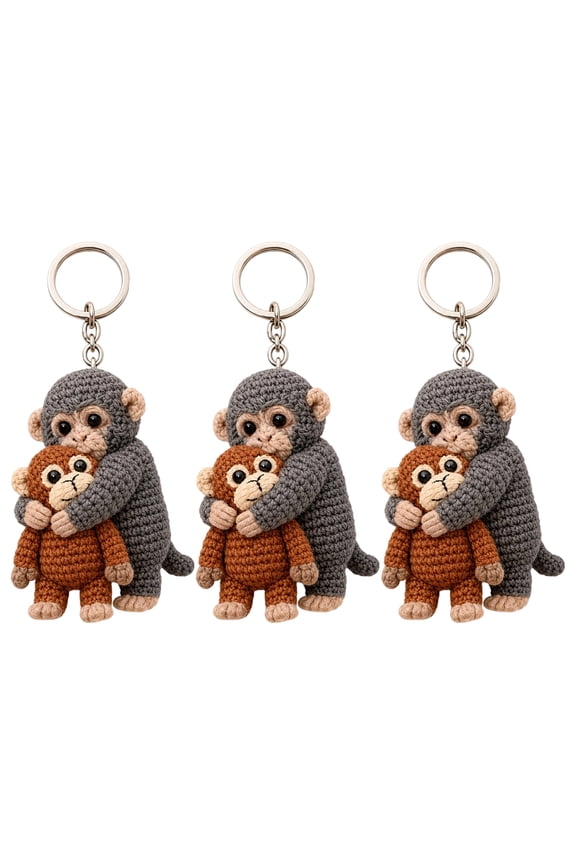 Yucurem 3pcs Crochet Punch Monkey Keychain Cute Animal Bag Charm Handmade Monkey-hug Keychain Cute Knitted Animal Keyring for Backpack Handbag Or Car Keys