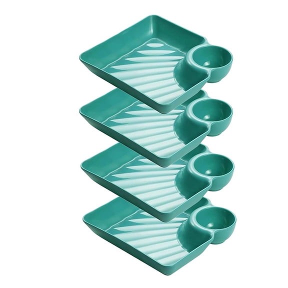 Yucurem 4 Pack Chip Dip Serving Platter Set, Plastic Dumpling Plates with Sauce Compartment, Square Serving Dish for Appetizer Sushi Taco Salsa Charcuterie (Green)