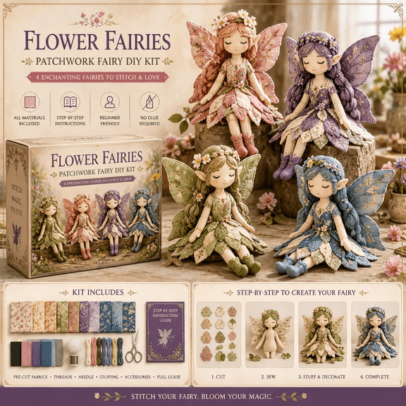 Yucurem 4 Pack Handmade Fairy Patchwork DIY Collection, Fun Flower Fairy Sewing Kit Gift for Craft Lovers & Home Decor