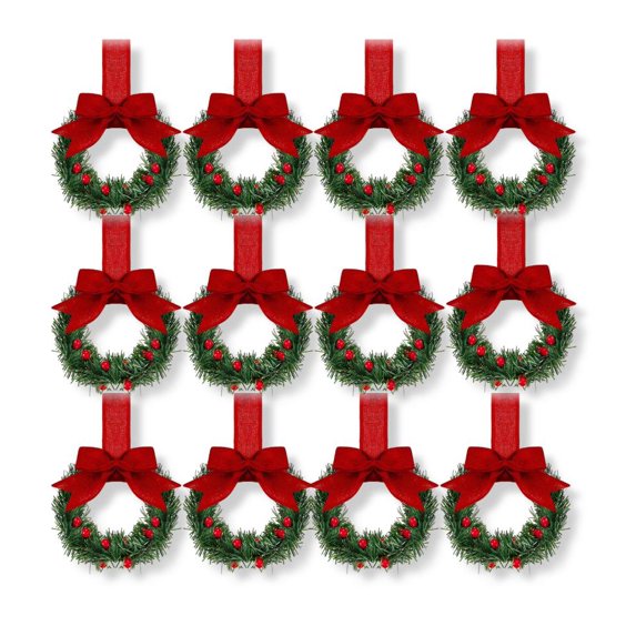 Yucurem 5.1 Inch Mini Christmas Cabinet Wreath, 12PCS Small Christmas Kitchen Wreaths with Bow Ribbon for Xmas Window Door Chair Fireplace Table Centerpiece Indoor Outdoor Decor