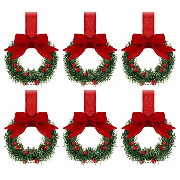 Yucurem 5.1 Inch Mini Christmas Cabinet Wreath, 6PCS Small Christmas Kitchen Wreaths with Bow Ribbon for Xmas Window Door Chair Fireplace Table Centerpiece Indoor Outdoor Decor