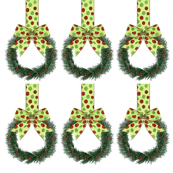 Yucurem 5.1 Inch Mini Christmas Cabinet Wreath, 6PCS Small Christmas Kitchen Wreaths with Bow Ribbon for Xmas Window Door Chair Fireplace Table Centerpiece Indoor Outdoor Decor