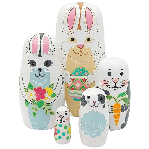Yucurem 5 Pack Bunny Nesting Dolls Ornaments, Handmade Wooden Stacking Toy Set for Spring Summer Mother's Day Birthday Gift Decor