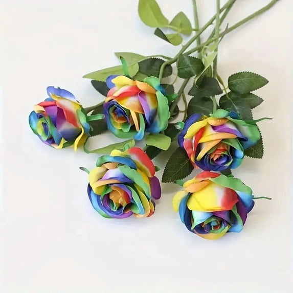 Yucurem 5PCS Artificial Rainbow Rose Flowers with Stems, Romantic Colorful Silk Rose Bouquet for DIY Valentine's Day Birthday Wedding Centerpieces Home Decor Gifts (50cm)