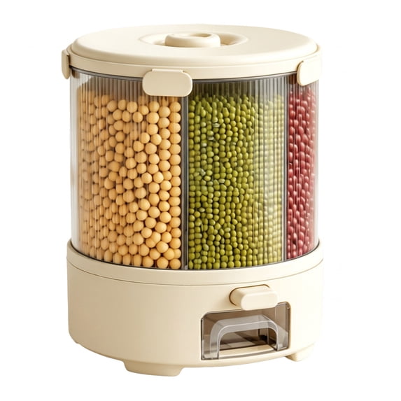 Yucurem 6-Compartment Grain Dispenser, 360° Rotating Storage Container with Sealed Lid, 25 Lbs Airtight Storage Bucket for Grains, Beans, Rice, Peanut (Beige)