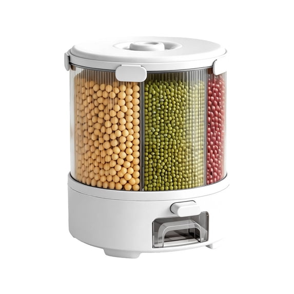 Yucurem 6-Compartment Grain Dispenser, 360° Rotating Storage Container with Sealed Lid, 25 Lbs Airtight Storage Bucket for Grains, Beans, Rice, Peanut (White)