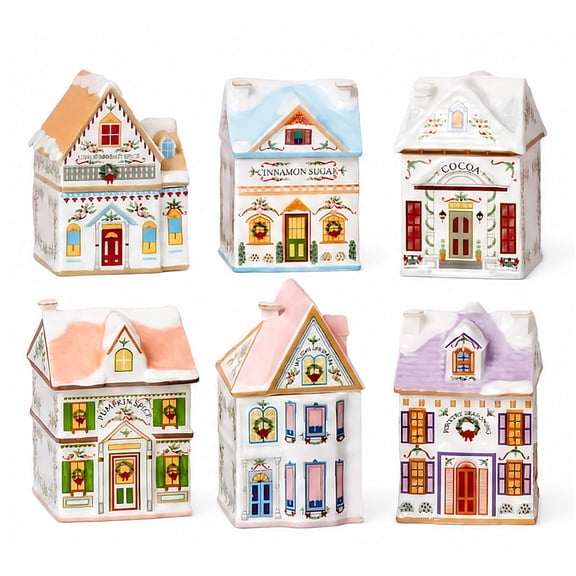 Yucurem 6 Pack Village Spice House Set, Decorative Mini Storage Jars, Festive Spice House Ornaments for Winter Christmas Kitchen Countertop Table Decor