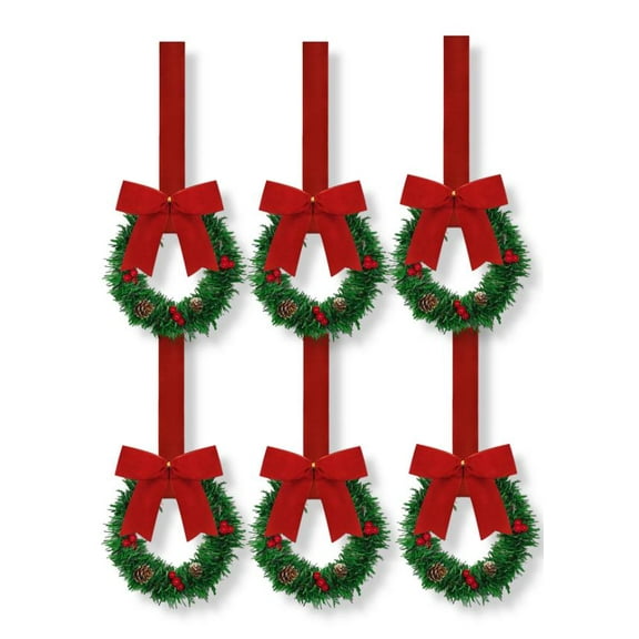 Yucurem 6 Pieces Christmas Kitchen Cabinet Wreath, Mini Vintage Kitchen Wreaths with Bow, Pine Cone & Red Berry for Xmas Window Indoor Chair Fireplace Porch Decor, 5 Inch