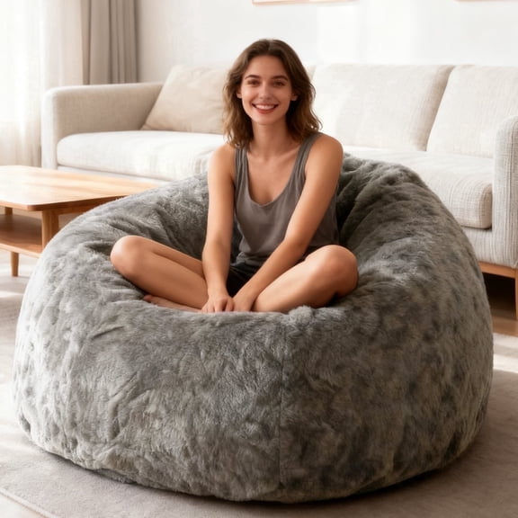 6FT Large Comfy Bean Bag Couch Cover for Adults and Teens, No Filler, Washable Arctic Velvet, Gray