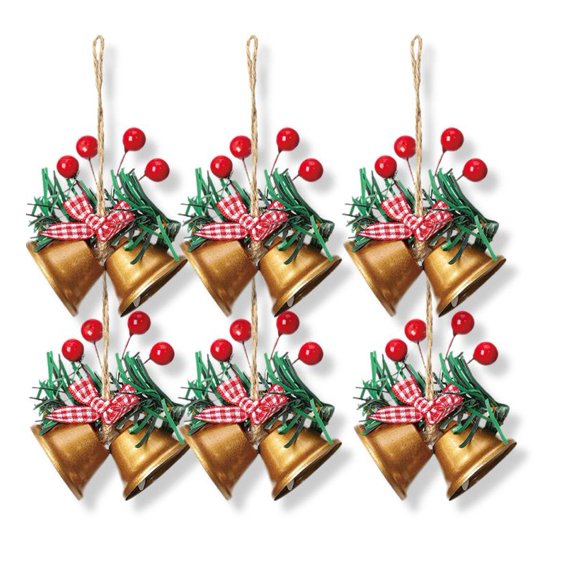 Yucurem 6PCS Christmas Bell Ornament for Christmas Tree, Metal Christmas Jingle Bells with Bow Berries for Wrapping Xmas Tree Home Decor Gift (Gold)