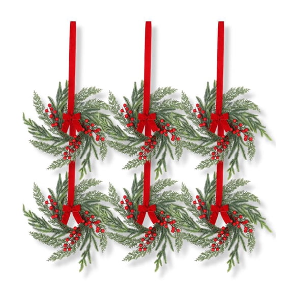 Yucurem 6PCS Small Christmas Wreaths for Kitchen Cabinet, Christmas Pine Needle Red Berry Wreath with Ribbon for Xmas Table Centerpiece Front Door Window Stair Decor