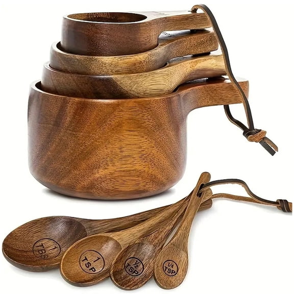 Yucurem 8-Piece Wooden Measuring Cups and Measuring Spoons Set for Baking & Cooking, Natural Wood Rustic Kitchen Accessories for Bakers, Chefs & Home Cooks