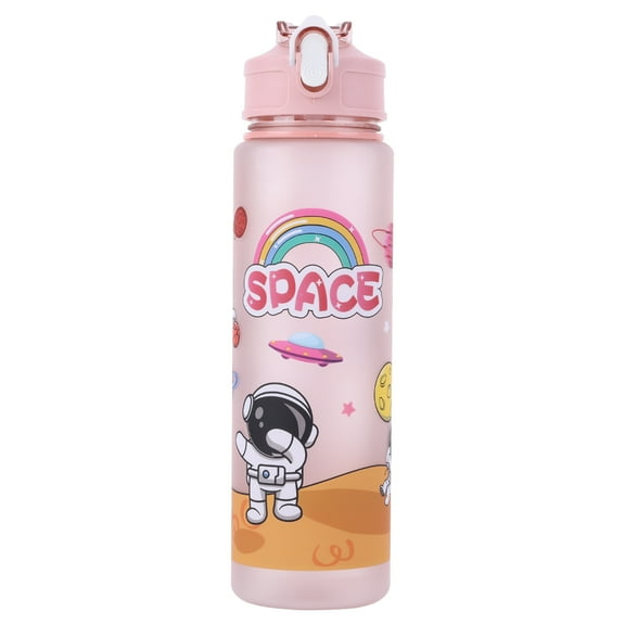 Yucurem 800ml Cartoon Space Water Bottle with Straw & Handle for Outdoor Sports Water Bottles for Sports (Pink)