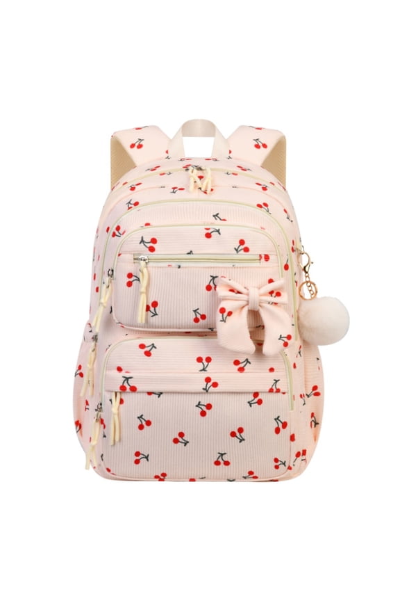 Aesthetic Corduroy Cherry Backpack for Women, Large Capacity Coquette Bowknot Daypack with Multi-Pocket for College Travel (Beige)