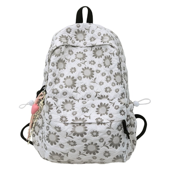Yucurem Aesthetic Floral Nylon Backpack for Women, Vintage Lightweight Cottagecore Shoulder Bag with Pendant for Travel Work Daily Use (Black)