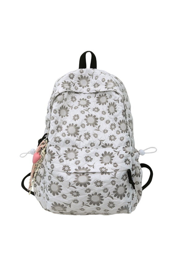 Aesthetic Floral Nylon Backpack for Women, Vintage Lightweight Cottagecore Shoulder Bag with Pendant for Travel Work Daily Use (Black)