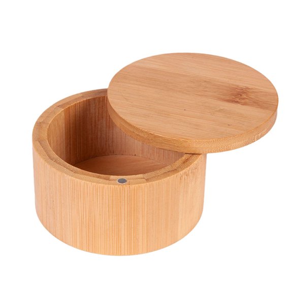 Yucurem Bamboo Salt Cellar With Magnetic Swivel Lid Round Salt Container Spice Box Kitchen Essentials (L)