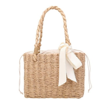 Yucurem Beach Handmade Woven Portable Tote Bag Rattan Ribbon Basket Handbag (Khaki)