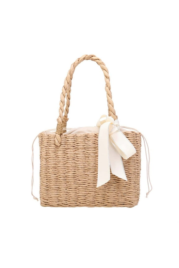Beach Handmade Woven Portable Tote Bag Rattan Ribbon Basket Handbag (Khaki)