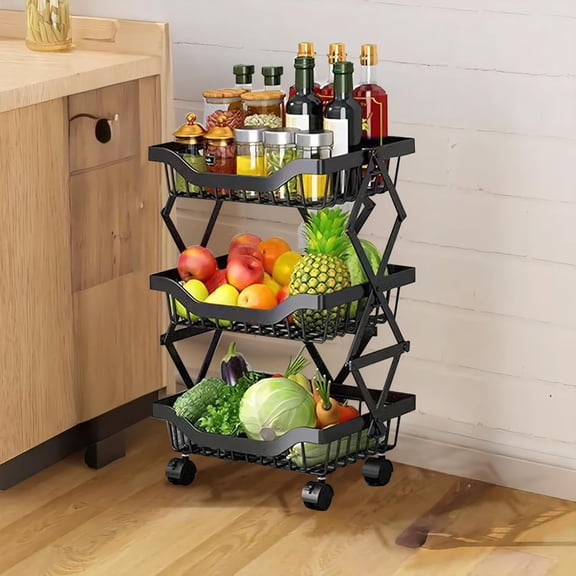 Yucurem Black 3-Tier Rolling Kitchen Cart, Foldable Metal Utility Organizer with Wheels, Storage Rack for Pantry, Bathroom, Bedroom