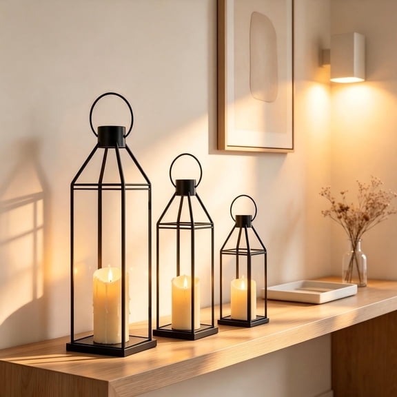 Yucurem Black Metal Candle Lantern Set of 3, Minimalist Hollow Holders with Flameless Candle & Handle, Candle Lamp for Wedding Home Patio Decor