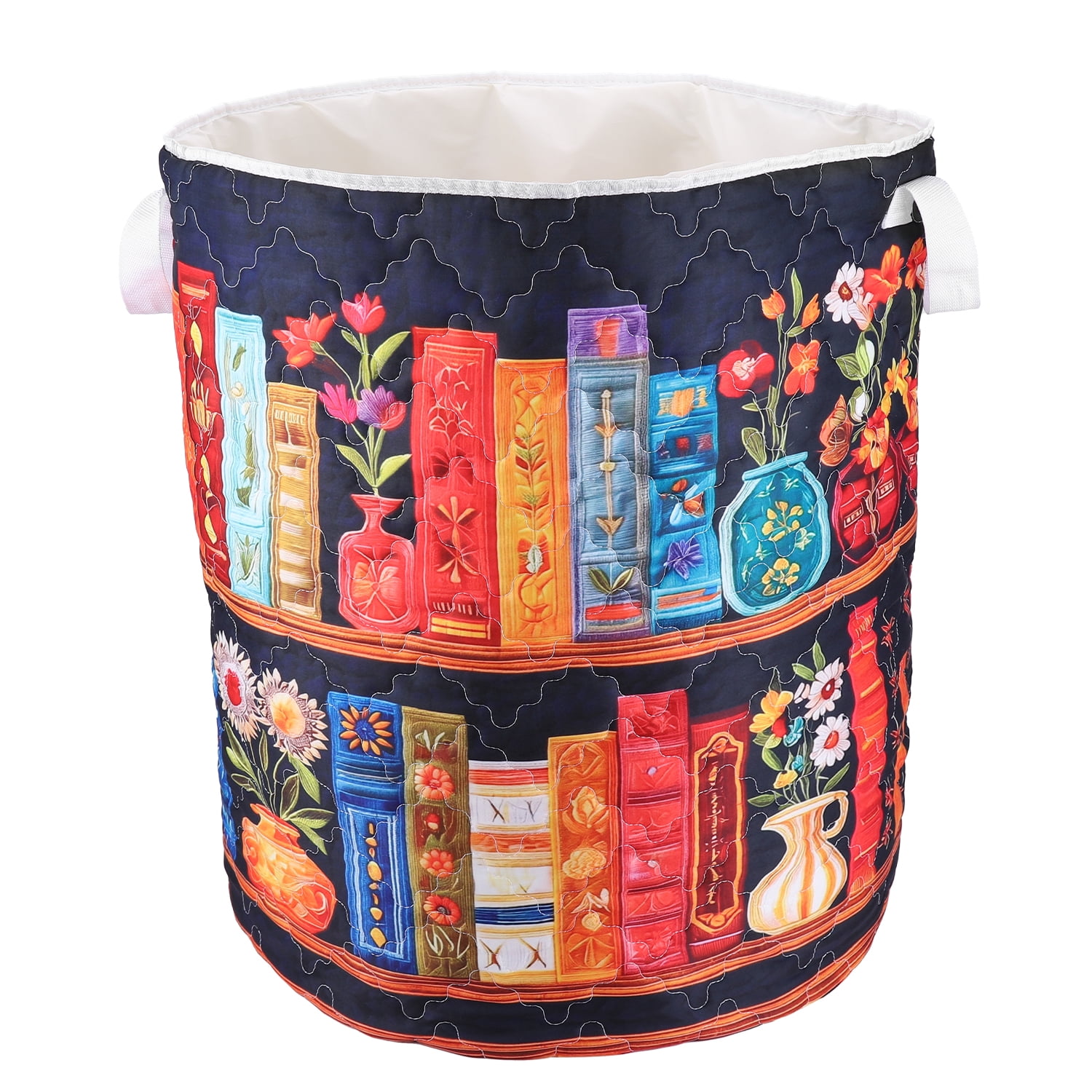 Yucurem Boho Fabric Floral Storage Hamper with Handle, Quilted Laundry Basket for Nursery Bedroom Laundry Room Clothes Toys (Bookshelf)