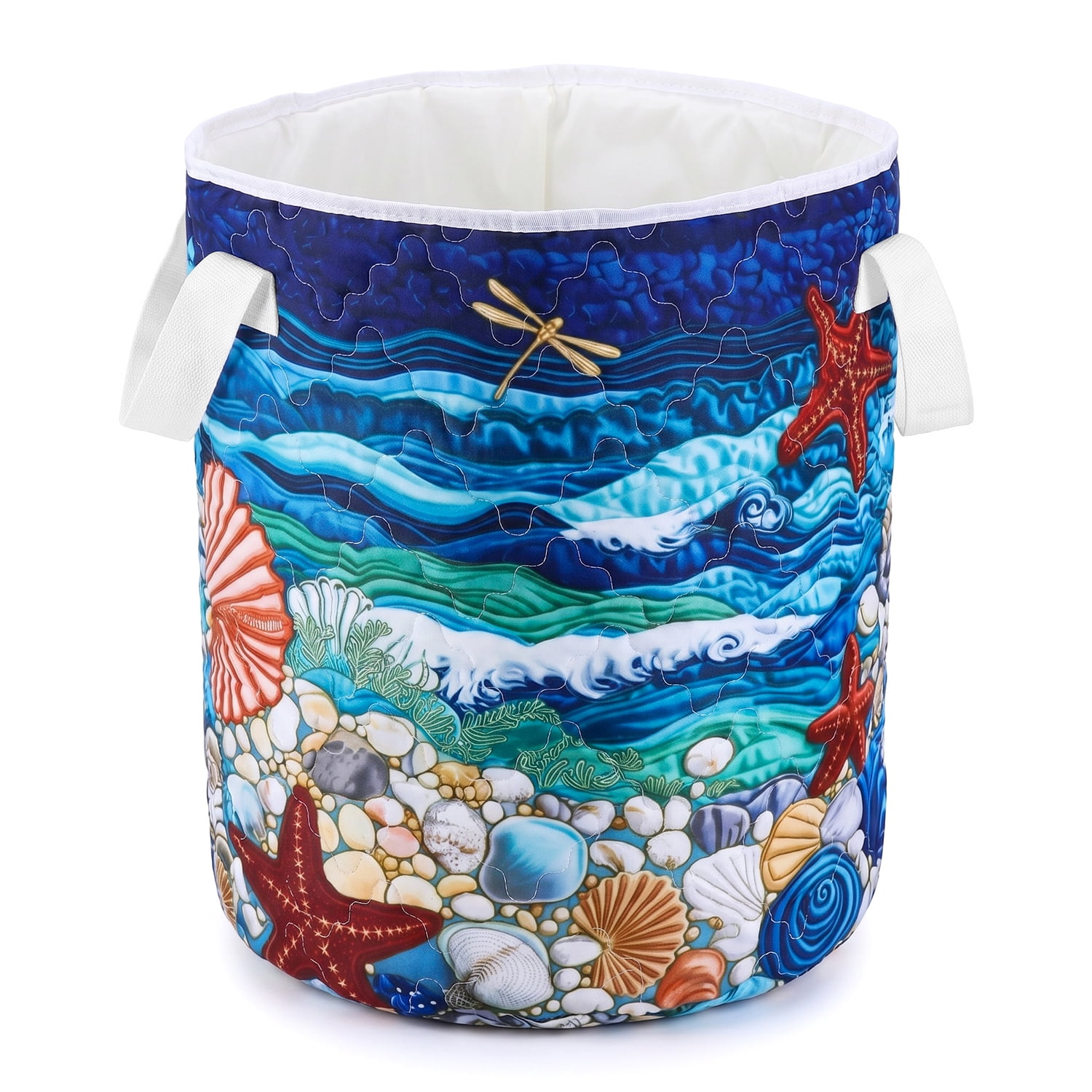 Yucurem Boho Fabric Floral Storage Hamper with Handle, Quilted Laundry Basket for Nursery Bedroom Laundry Room Clothes Toys (Starfish)