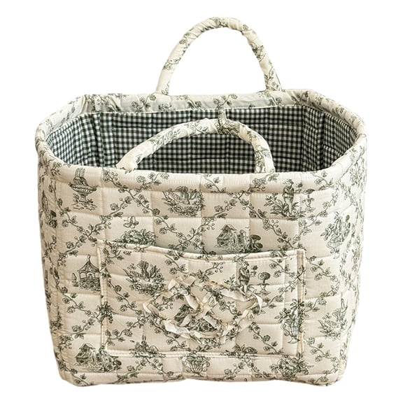 Yucurem Boho Fabric Storage Basket with Handles, Large Capacity Foldable Floral Organizer for Clothes and Sundries, Quilted Puffer Tote Bag for Home, Picnic, Shopping, Travel