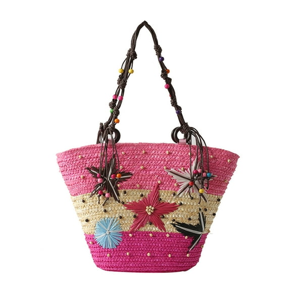 Yucurem Boho Straw Bag Beach Bags for Women, Bohemian Hand-embroidered Starfish Woven Handbag for Summer Beach Party Vacation Travel Daily Use (Pink)
