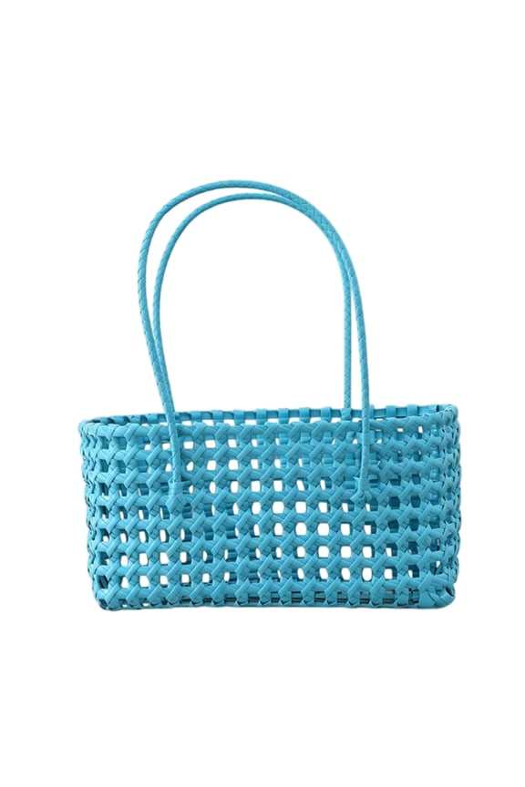 Boho Weave Basket with Handle, Women's Hollow Woven Shoulder Purse for Outdoor Summer Travel Picnic (Sky Blue)