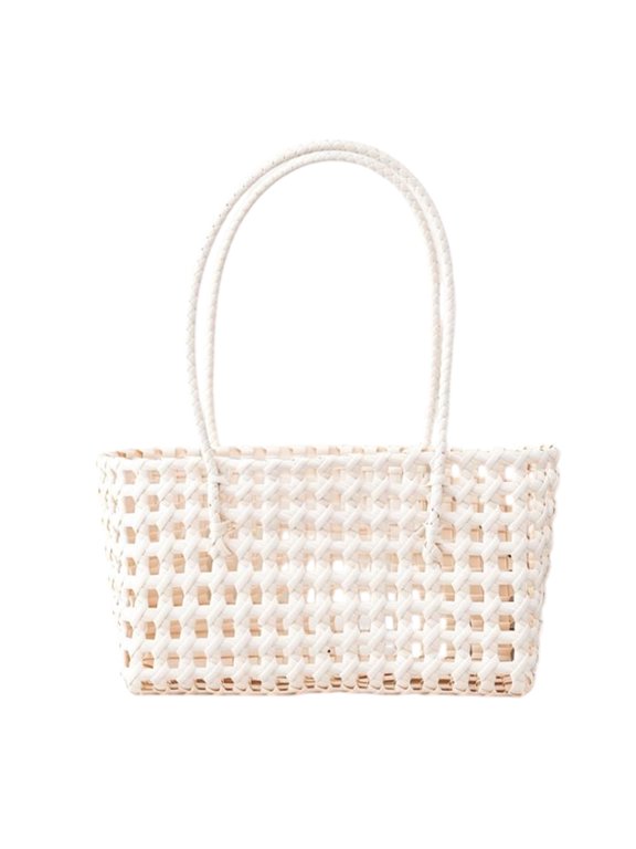 Boho Weave Basket with Handle, Women's Hollow Woven Shoulder Purse for Outdoor Summer Travel Picnic (White)