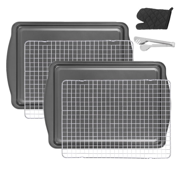 6 Pcs Carbon Steel Nonstick Cookie Baking Sheet Bakeware Set with Raised Wire Cooling Rack Tongs and Oven Mitts 17 x 11 Gray