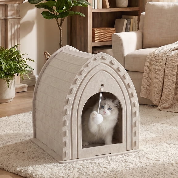 Yucurem Cat House for Indoor Cats Cube Bed, Detachable Felt Cat House with Scratch Pad and Hanging Ball for Small Pet (13"L x 13"W x 15"H)