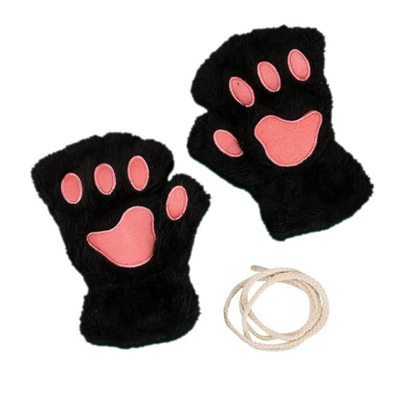 Yucurem Cat Paw Gloves Durable Plush Cat Paw Fingerless Faux Fur Gloves (Black)