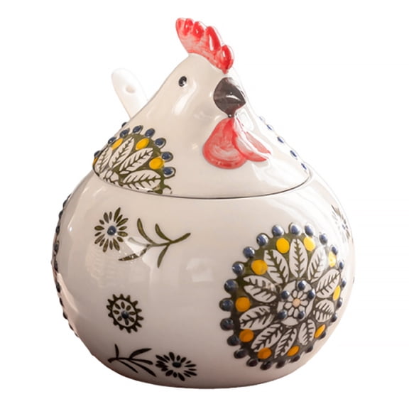 Yucurem Ceramic Salt Cellar with Lid and Spoon, 13oz Large Chicken Rooster Cookie Jar Salt Containers Holder for Kitchen, Sugar, Spices, Coffee (Green)