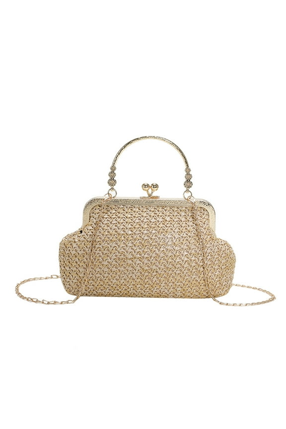 Chain Women Evening Bag Weaving Ladies Clutch Purse for Wedding Party (Khaki)