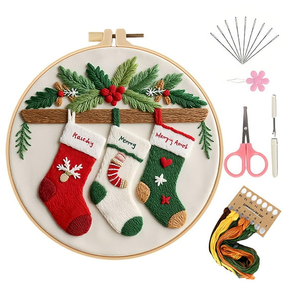 Yucurem Christmas DIY Embroidery Starter Kit for Adults & Beginners, DIY Needlepoint Kit with Embroidery Hoop Thread Needle for Craft Lover Gifts (Christmas Stockings)